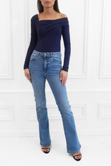 CLARA NAVY RIBBED OFF THE SHOULDER ASYMMETRICAL TOP