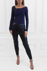 CLARA NAVY RIBBED OFF THE SHOULDER ASYMMETRICAL TOP