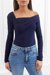 CLARA NAVY RIBBED OFF THE SHOULDER ASYMMETRICAL TOP