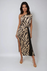 CLEO ANIMAL ZEBRA PRINT ONE SHOULDER RESORT WEAR MAXI DRESS