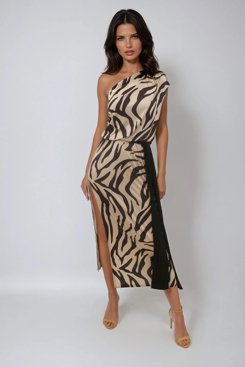 CLEO ANIMAL ZEBRA PRINT ONE SHOULDER RESORT WEAR MAXI DRESS