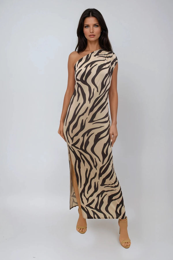 CLEO ANIMAL ZEBRA PRINT ONE SHOULDER RESORT WEAR MAXI DRESS
