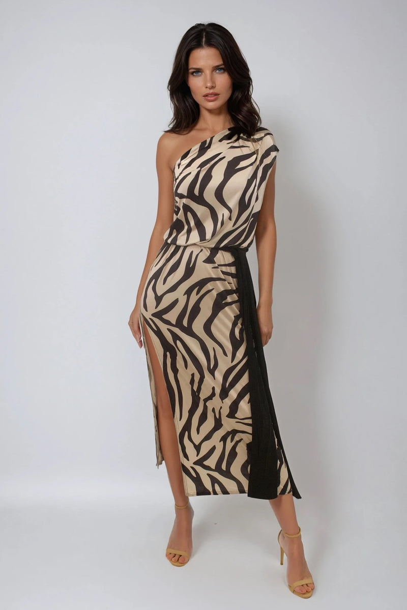 CLEO ANIMAL ZEBRA PRINT ONE SHOULDER RESORT WEAR MAXI DRESS