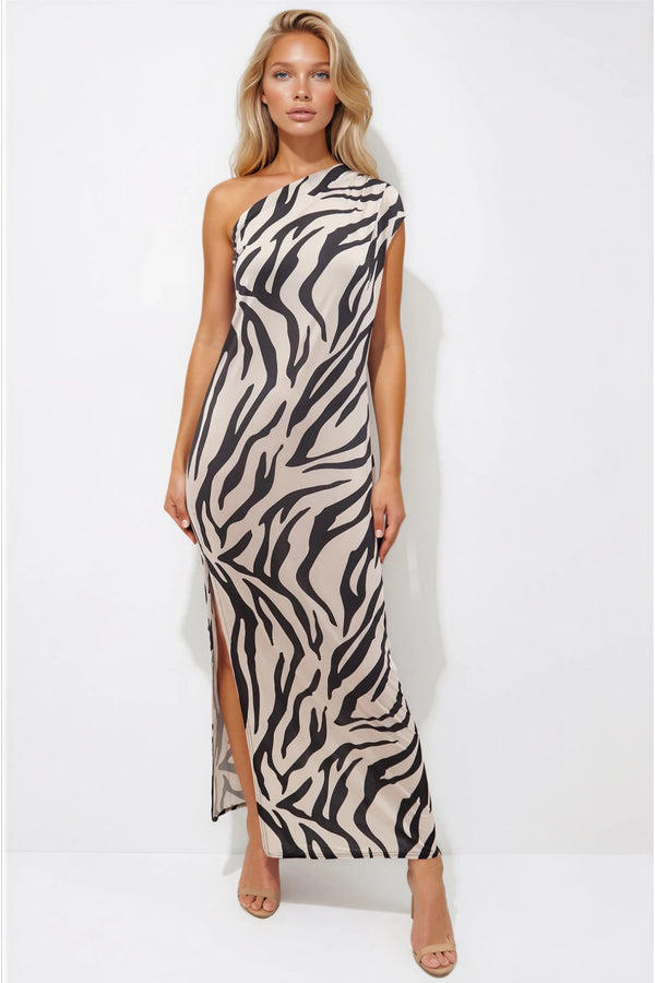 strapless open back dress Lauren Zebra One Shoulder Belted Floor Length Dress