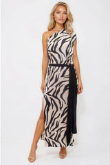 Cleo Zebra Animal Print One Shoulder Maxi Dress - Side View | Honor Gold