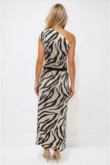 Cleo Zebra Animal Print One Shoulder Maxi Dress - Detail View | Honor Gold