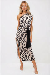 Cleo Zebra Animal Print One Shoulder Maxi Dress - Back View | Honor Gold