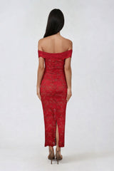 Elan Red Nude Lace Bardot Maxi Dress - Side View | Honor Gold