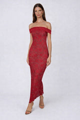 Elan Red Nude Lace Bardot Maxi Dress - Back View | Honor Gold