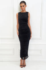 EMBER BLACK MESH DIAMANTE RHINESTONE HOTFIX EMBELLISHED RUCHED MIDAXI DRESS