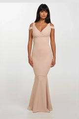 EVIE BEIGE COLD SHOULDER  FISHTAIL MAXI DRESS