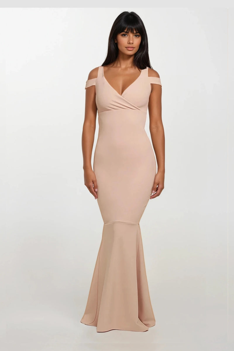 EVIE BEIGE COLD SHOULDER  FISHTAIL MAXI DRESS