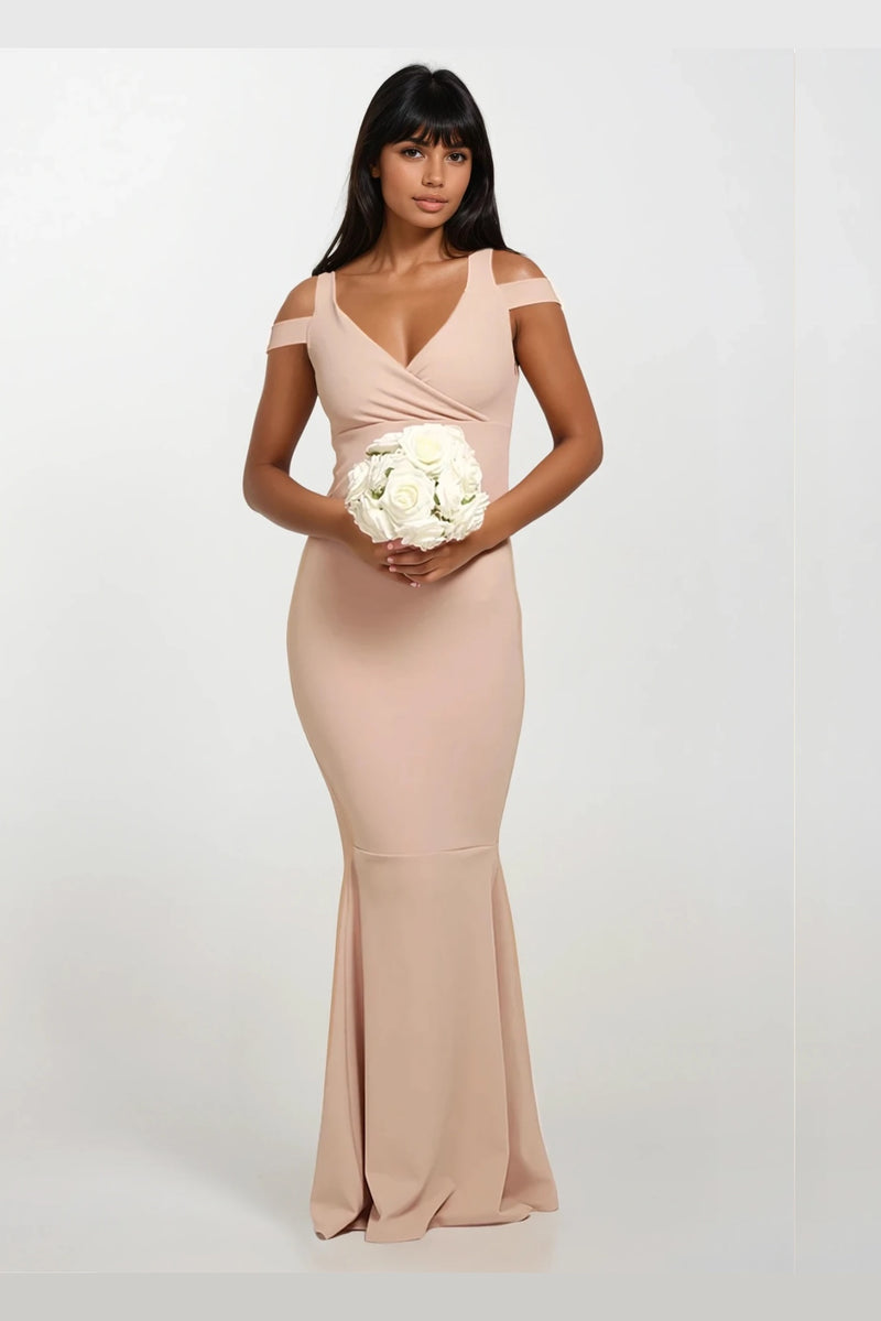 EVIE BEIGE COLD SHOULDER  FISHTAIL MAXI DRESS