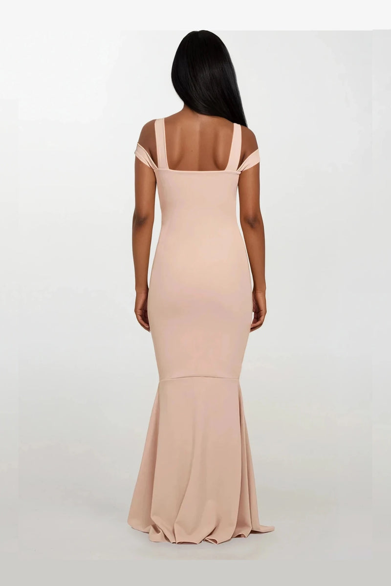 EVIE BEIGE COLD SHOULDER  FISHTAIL MAXI DRESS