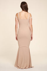 Evie Beige Cold Shoulder Fishtail Maxi Dress - Detail View | Honor Gold