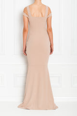 Evie Beige Cold Shoulder Fishtail Maxi Dress - View 5 | Honor Gold