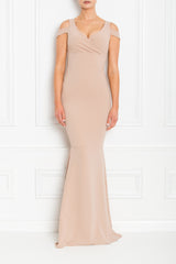 Evie Beige Cold Shoulder Fishtail Maxi Dress - Front View | Honor Gold