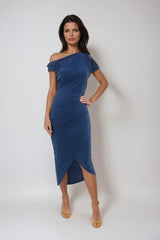EZRAH ROYAL BLUE OFF SHOULDER / ONE SHOULDER WRAP MIDI DRESS