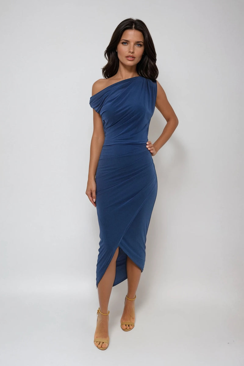 EZRAH ROYAL BLUE OFF SHOULDER / ONE SHOULDER WRAP MIDI DRESS