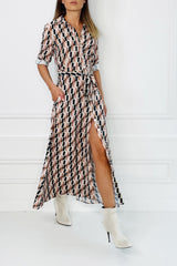 FAITH ABSTRACT GEO PRINT LONG SLEEVED MAXI SHIRT DRESS