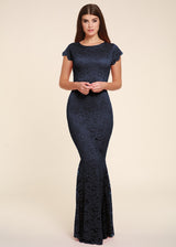Faye Navy Backless Lace Cap Sleeve Fishtail Maxi Dress