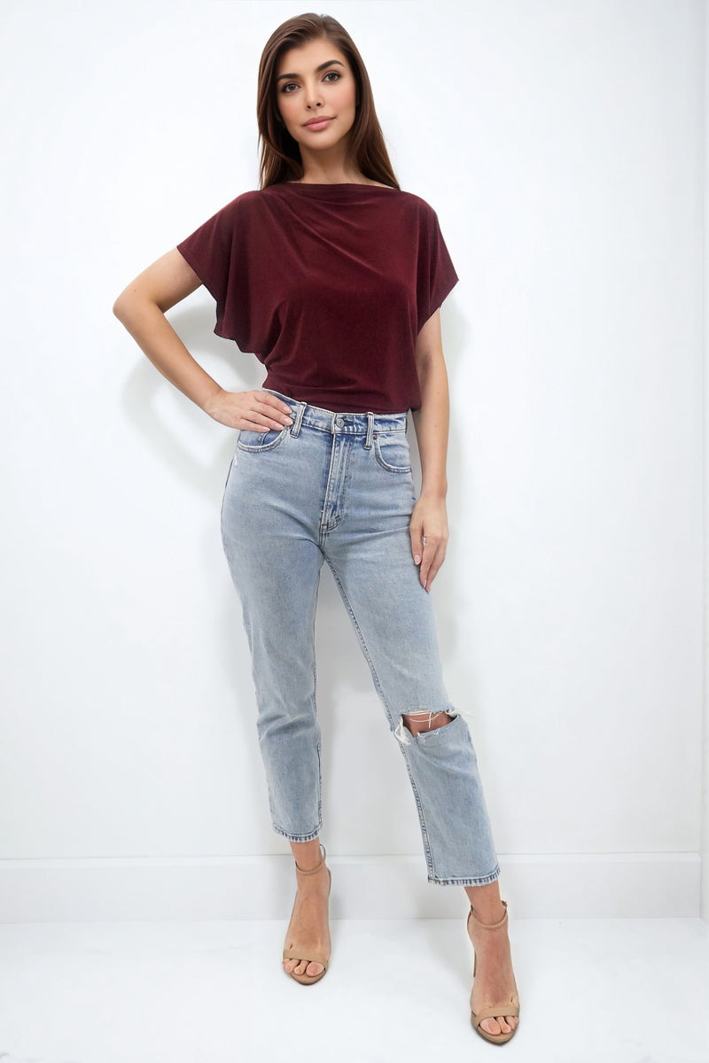 FINLEY BERRY BATWING TOP WITH SLASHED NECKLINE