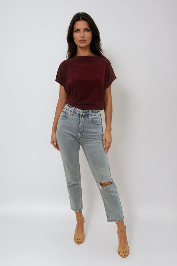 FINLEY BERRY BATWING TOP WITH SLASHED NECKLINE
