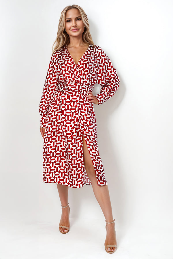 Freya Raspberry Red Geometric Printed Full Sleeve Midi Shirt Dress