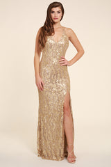 Gia Gold Sequin Backless Maxi Dress With Front Split