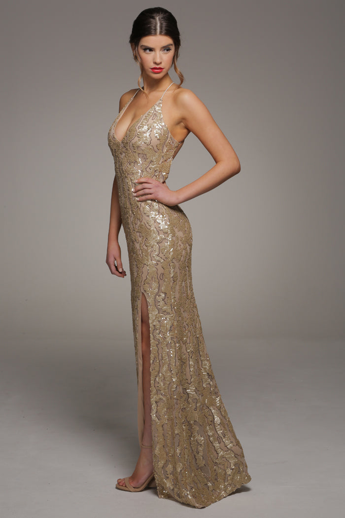 GINA GOLD SEQUIN BACKLESS MAXI DRESS WITH FRONT SPLIT
