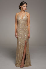 GINA GOLD SEQUIN BACKLESS MAXI DRESS WITH FRONT SPLIT