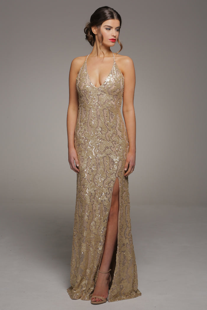 GINA GOLD SEQUIN BACKLESS MAXI DRESS WITH FRONT SPLIT