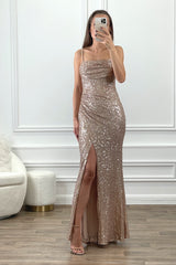 GISELLE CHAMPAGNE BLUSH PINK SEQUIN OCCASION WEAR MAXI DRESS