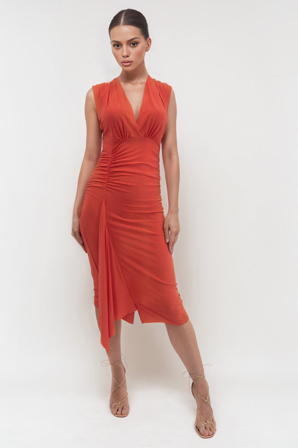 HANNAH BURNT ORANGE MIDAXI MIDI DRESS WITH FRILL