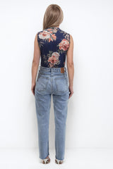 JADE NAVY FLORAL PRINT SLEEVELESS WRAP BODYSUIT TOP
