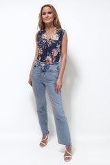 JADE NAVY FLORAL PRINT SLEEVELESS WRAP BODYSUIT TOP