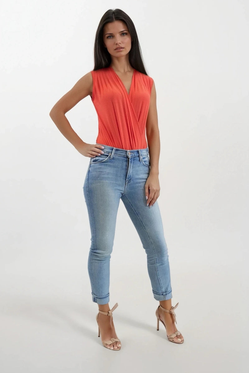 JADE ORANGE SLEEVELESS WRAP STYLE BODYSUIT TOP