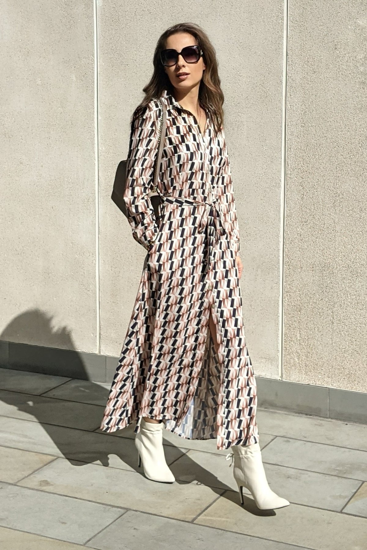 long sleeve maxi shirt dress uk Faith Abstract Geo Print Long Sleeved Maxi Short Dress