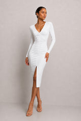 Jessica White Long Sleeve Midi Dress With Front Split