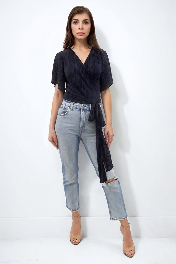 JASMINE NAVY PLISSE WRAP TOP WITH ANGEL SLEEVE