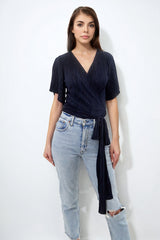 JASMINE NAVY PLISSE WRAP TOP WITH ANGEL SLEEVE