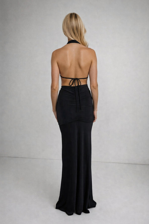 navy blue dress for baby girl Sky Stretchy Mesh Backless Maxi Dress Dusty Blue | Wedding Guest Dress | Backless