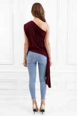 Khloe Berry One Shoulder Draped Top With Side Sash Tie - View 5 | Honor Gold