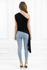 Khloe Black One Shoulder Draped Top With Side Sash Tie - Detail View | Honor Gold