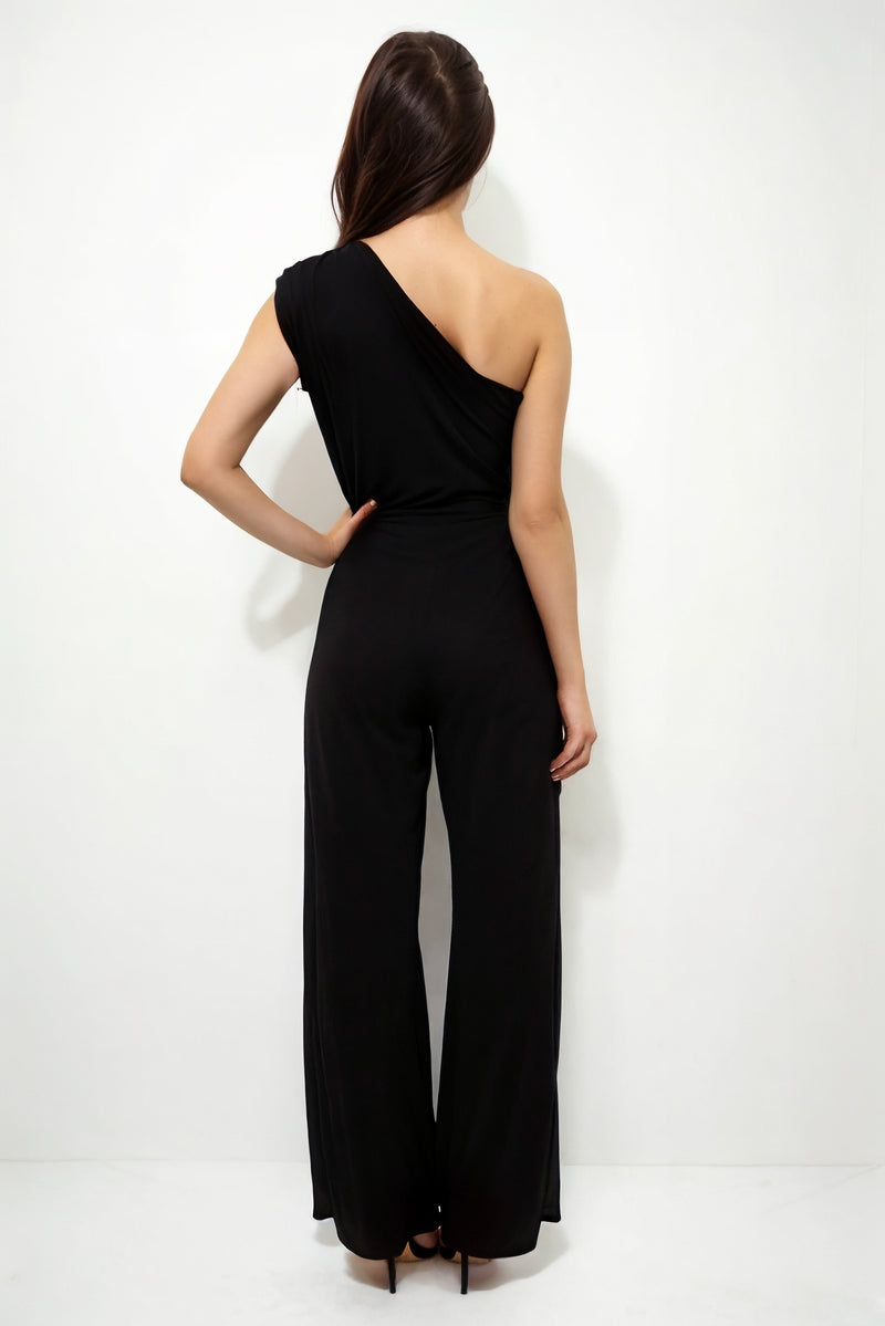 KHLOE BLACK ONE SHOULDERED WIDE LEG JUMPSUIT