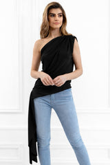 Khloe Black One Shoulder Draped Top With Side Sash Tie - Front View | Honor Gold