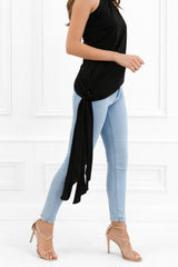 Khloe Black One Shoulder Draped Top With Side Sash Tie - Back View | Honor Gold