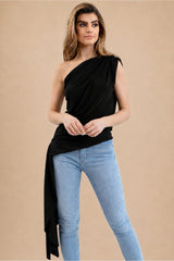 Khloe Black One Shoulder Draped Top With Side Sash Tie