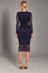 Lana Navy Lace Midi Dress With Long Sleeves