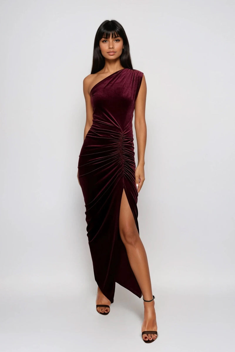 LENORE BERRY VELVET ONE SHOULDERED MAXI OCCASION WEAR DRESS WITH FRONT SIDE  SPLIT